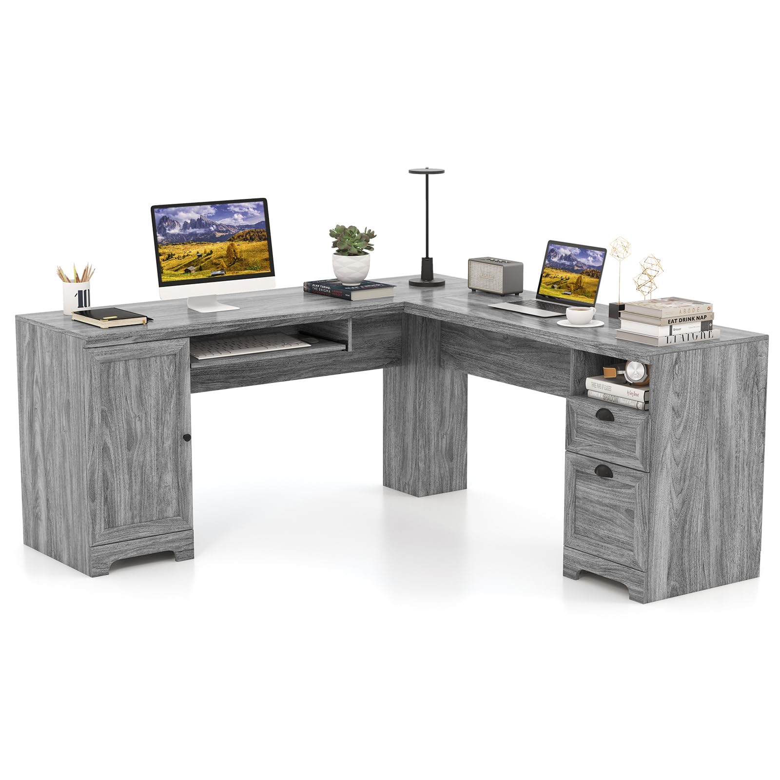 Tangkula L Shaped Desk with Drawers and Storage Shelf